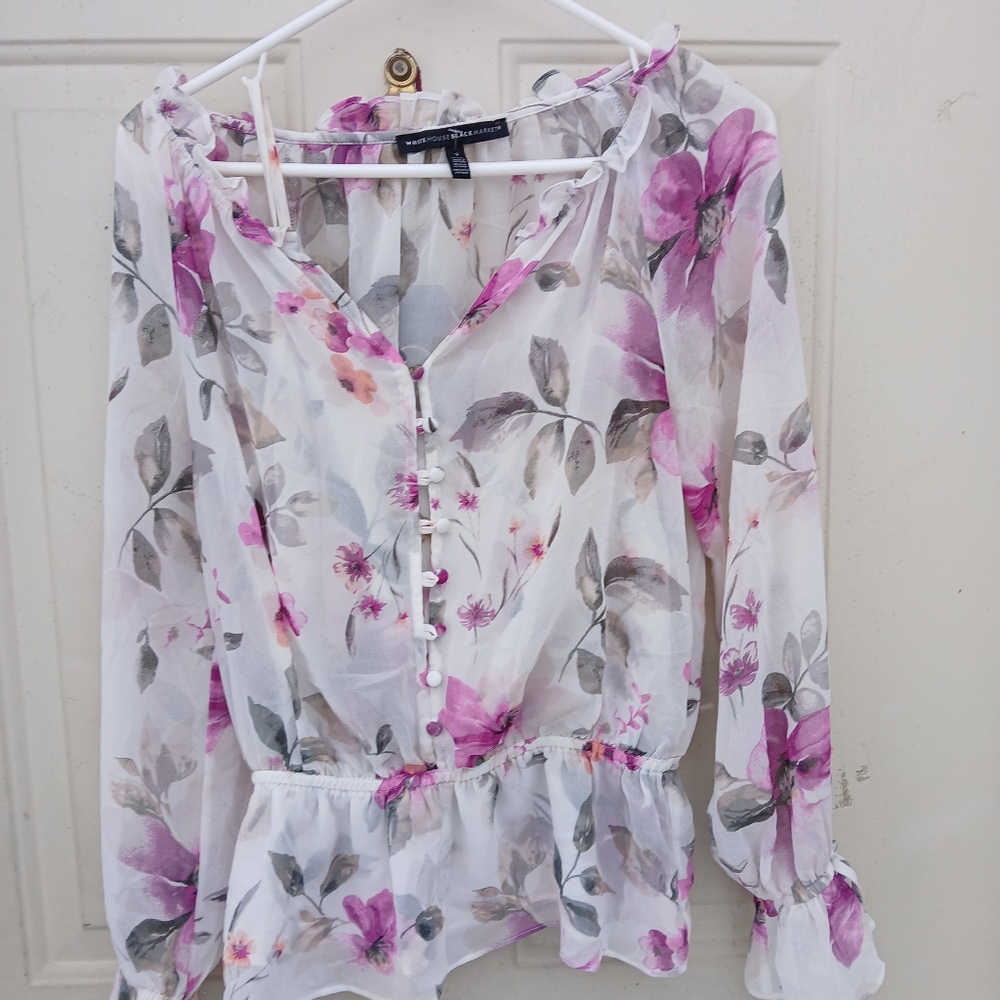 White House Black Market Cream Ruffled Peplum Blouse